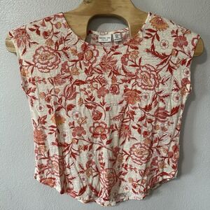Rachel Zoe Top‎ Womens XL Red Orange Floral Print 100% Linen Shirt Short Sleeve